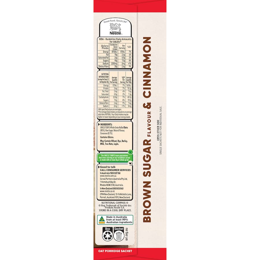Uncle Tobys Oats Quick Sachets Brown Sugar & Cinnamon 10 pack 350g