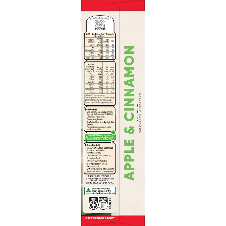 Uncle Tobys Oats Quick Sachets Apple Cinnamon 10 pack 350g