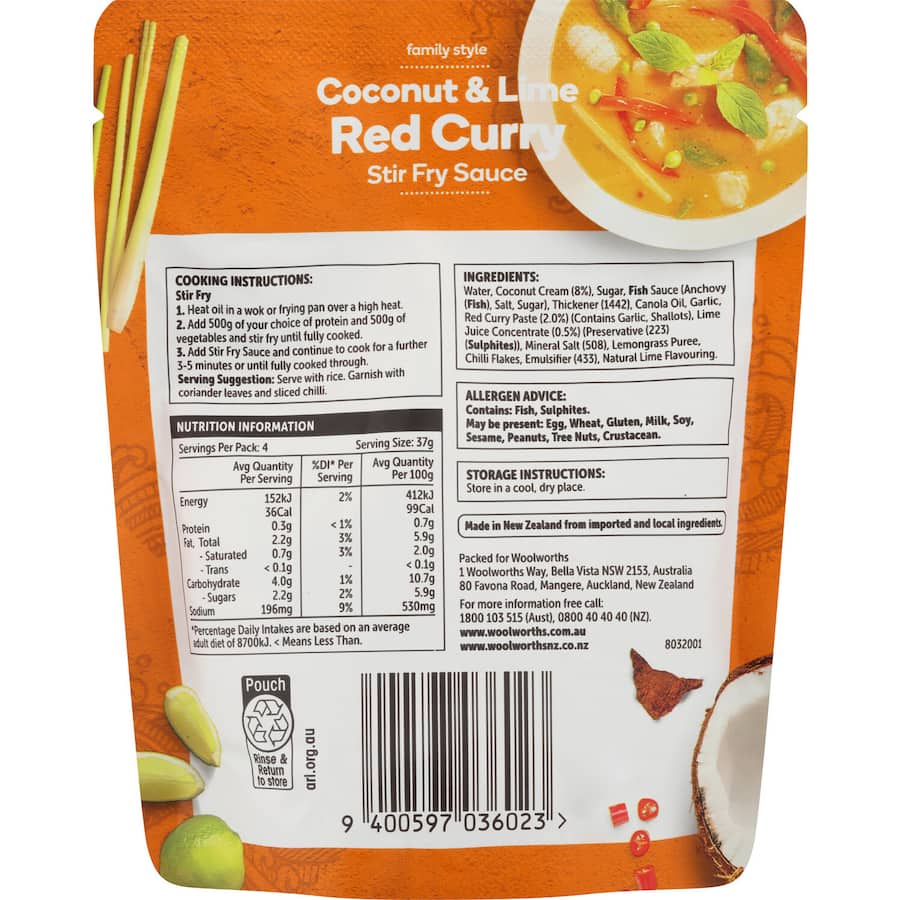 Woolworths Stir Fry Sauce Coconut & Lime Red Curry Pouch 150g