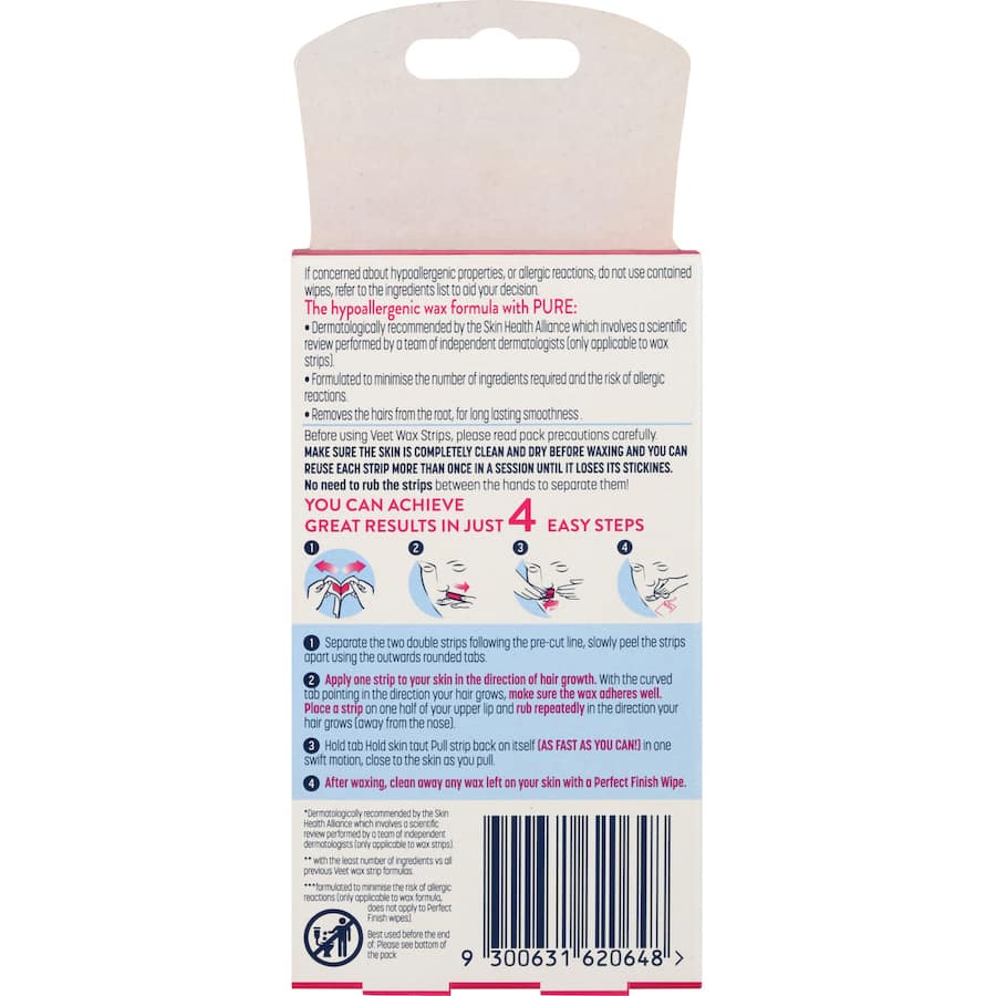 Veet Pure Hair Removal Cold Wax Strips Face Sensitive Skin 20pack