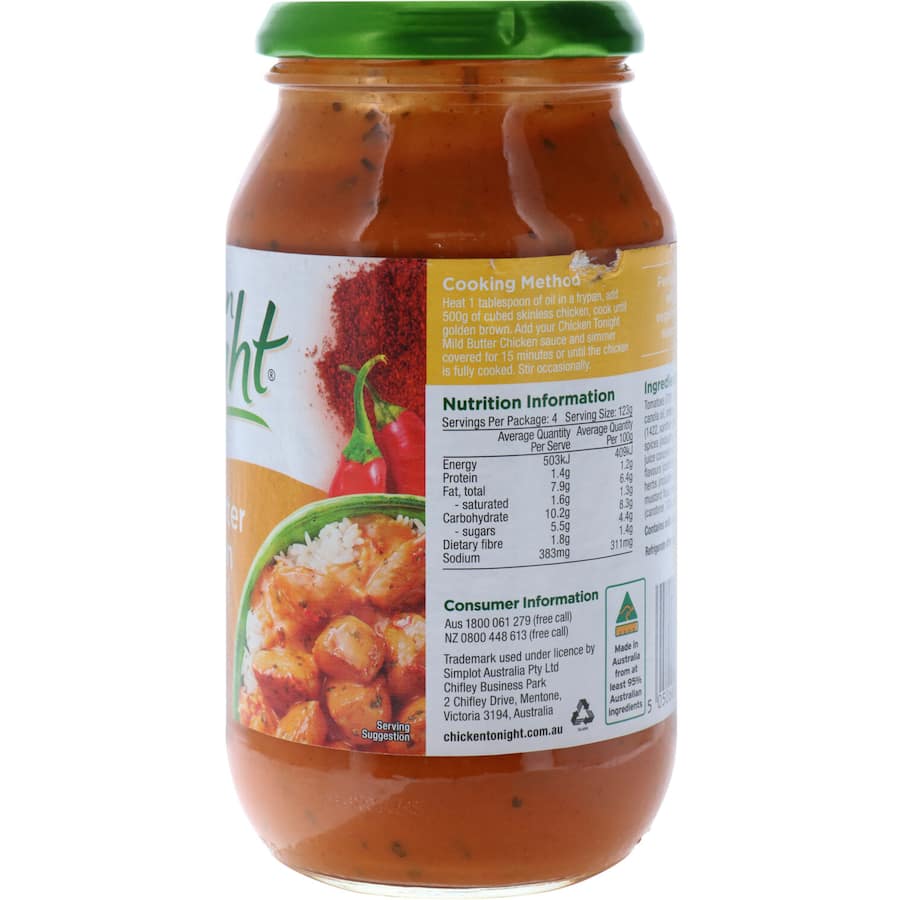 Indian Chicken Tonight Meal Base Butter Chicken Sauce Jar 495g