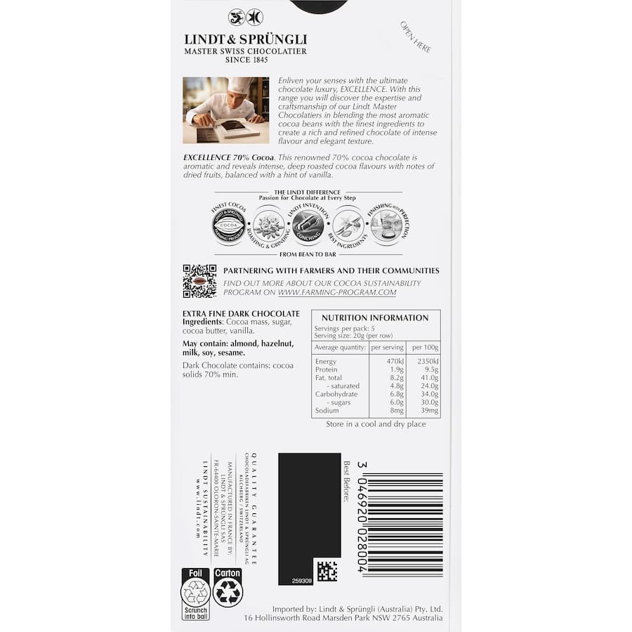 Lindt Excellence Chocolate Dark 70% 100g