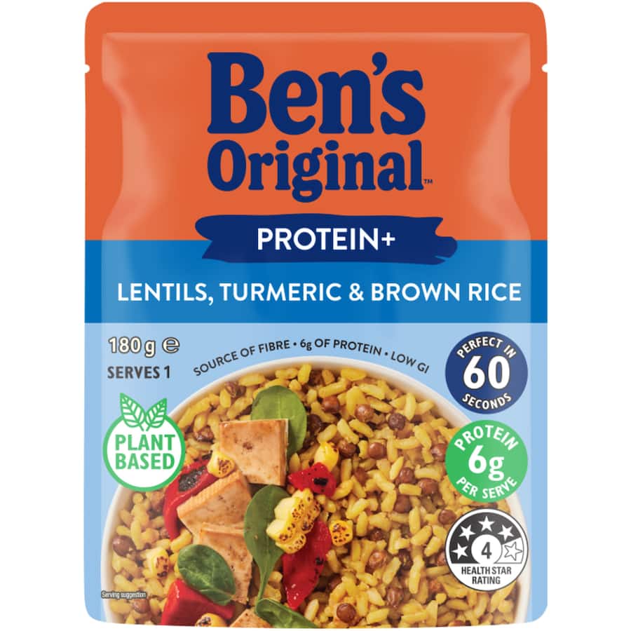Bens Original Protein+ Microwave Rice Lentils,turmeric & Brown Rice Pouch 180g