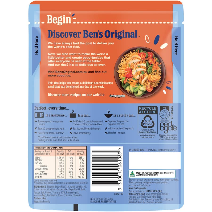 Bens Original Protein+ Microwave Rice Lentils,turmeric & Brown Rice Pouch 180g