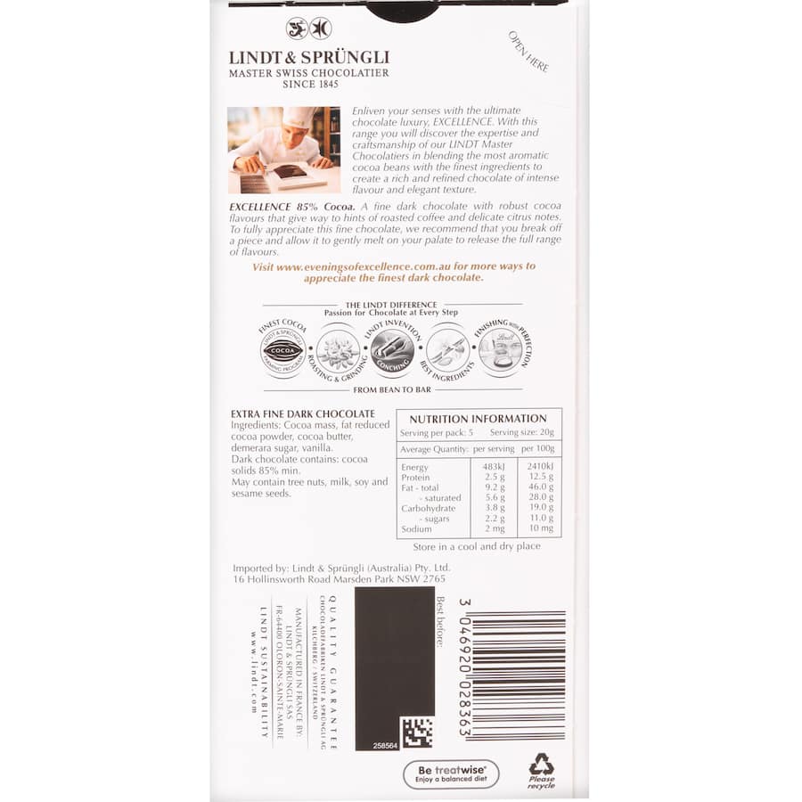 Lindt Excellence Chocolate Dark 85% 100g
