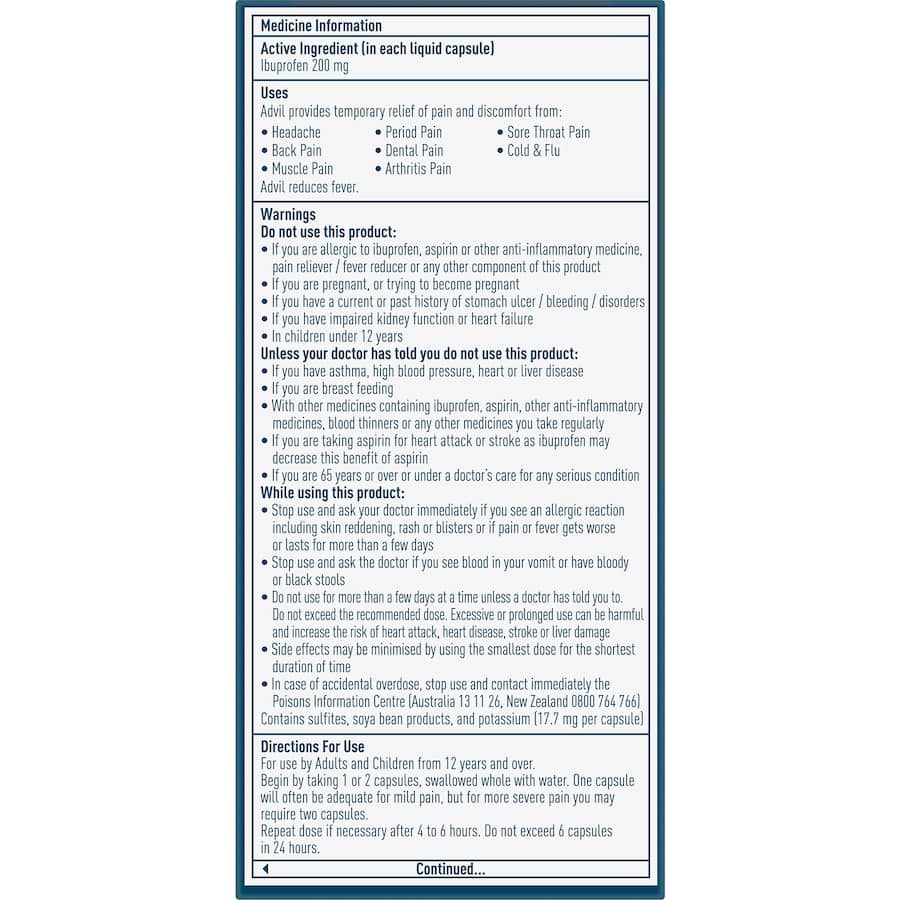 Advil Ibuprofen Pain & Fever Relief Liquid Capsules 20pack