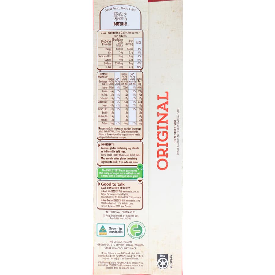 Uncle Tobys Oats Quick Sachets Original 10 pack 350g