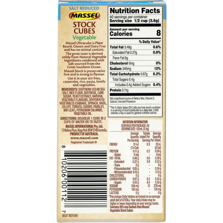 Massel Ultra Vegetable Stock Cubes Salt Reduced 105g