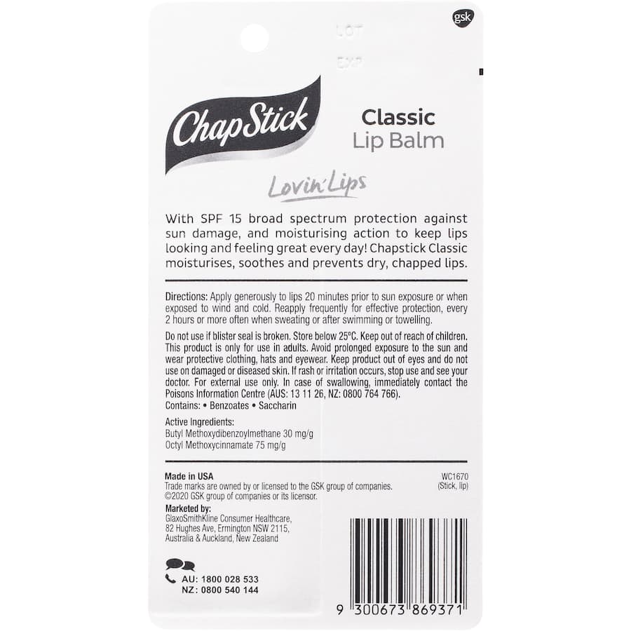 Chapstick Lip Balm Classic With Spf15+ Sunscreen 4.2g Stick 1pack