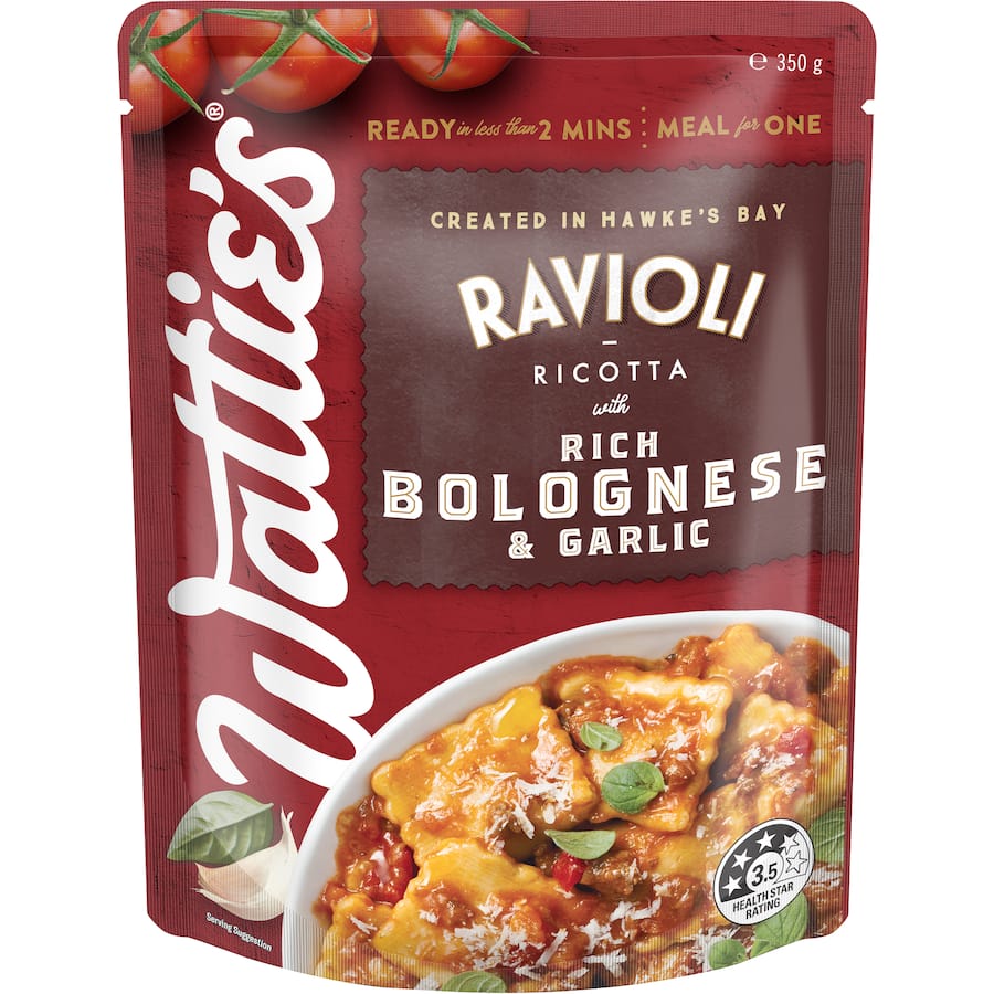 Watties Pasta Meals Ravioli Ricotta Bolognese & Garlic 350g