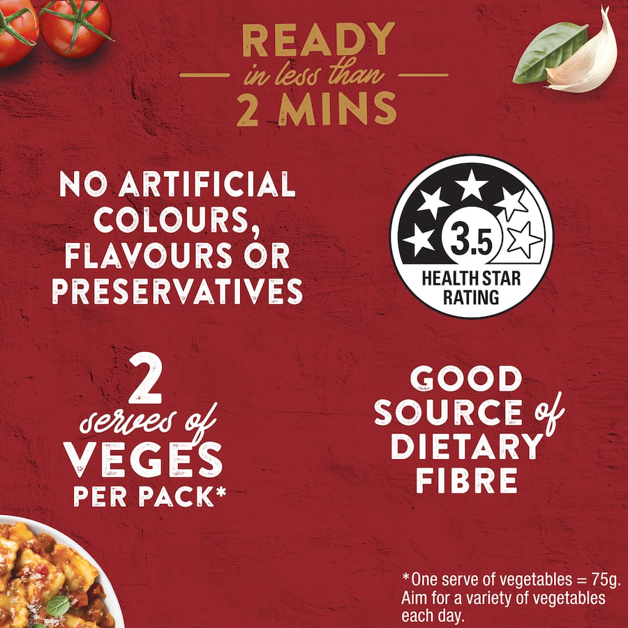 Watties Pasta Meals Ravioli Ricotta Bolognese & Garlic 350g