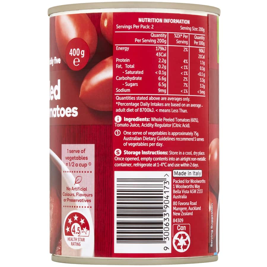 Woolworths Peeled Tomatoes Italian Can 400g