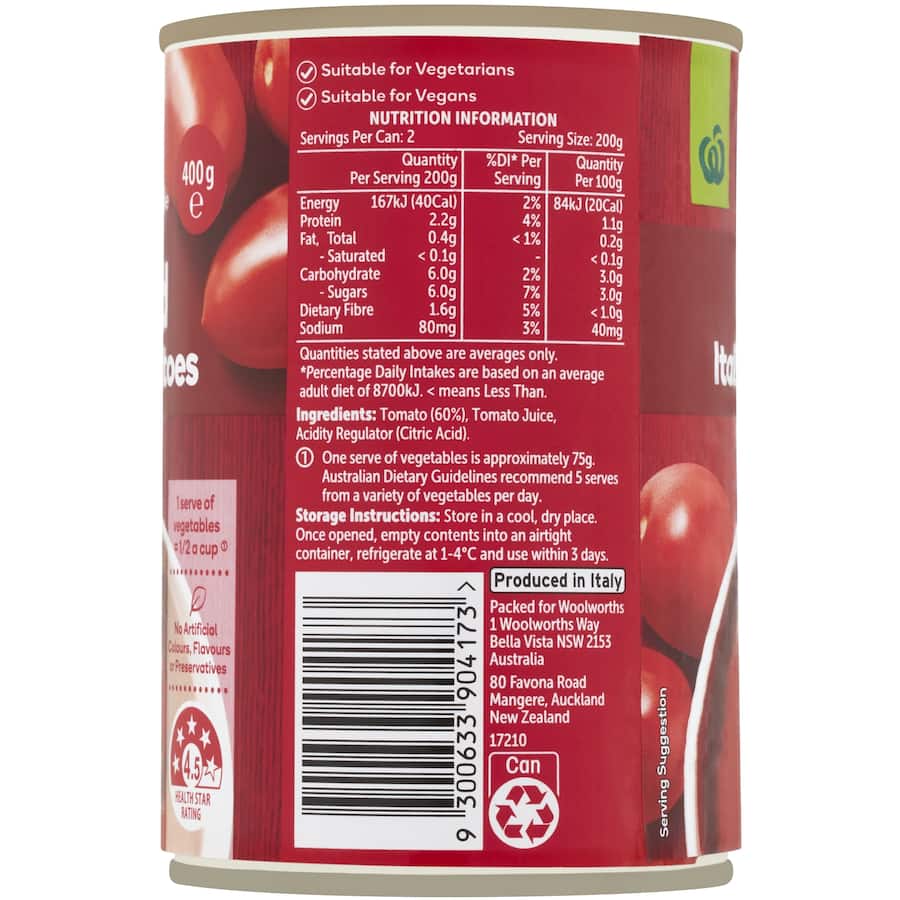 Woolworths Peeled Tomatoes Italian Can 400g