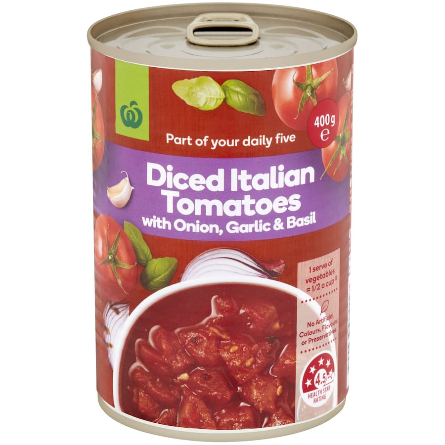 Woolworths Diced Tomatoes Basil, Garlic & Onion Can 400g