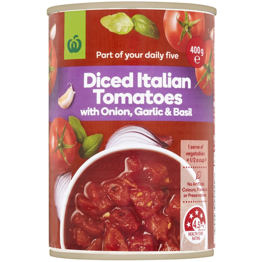 Woolworths Diced Tomatoes Basil, Garlic & Onion Can 400g