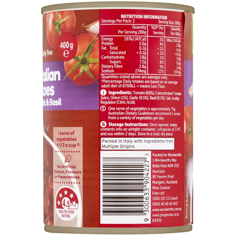 Woolworths Diced Tomatoes Basil, Garlic & Onion Can 400g