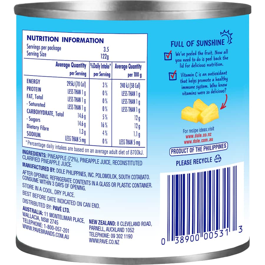 Dole Pineapple Pieces In Juice Can 432g