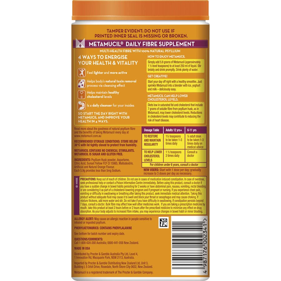 Metamucil Dietary Supplement Fibre Smooth Orange 114 Dose 673g
