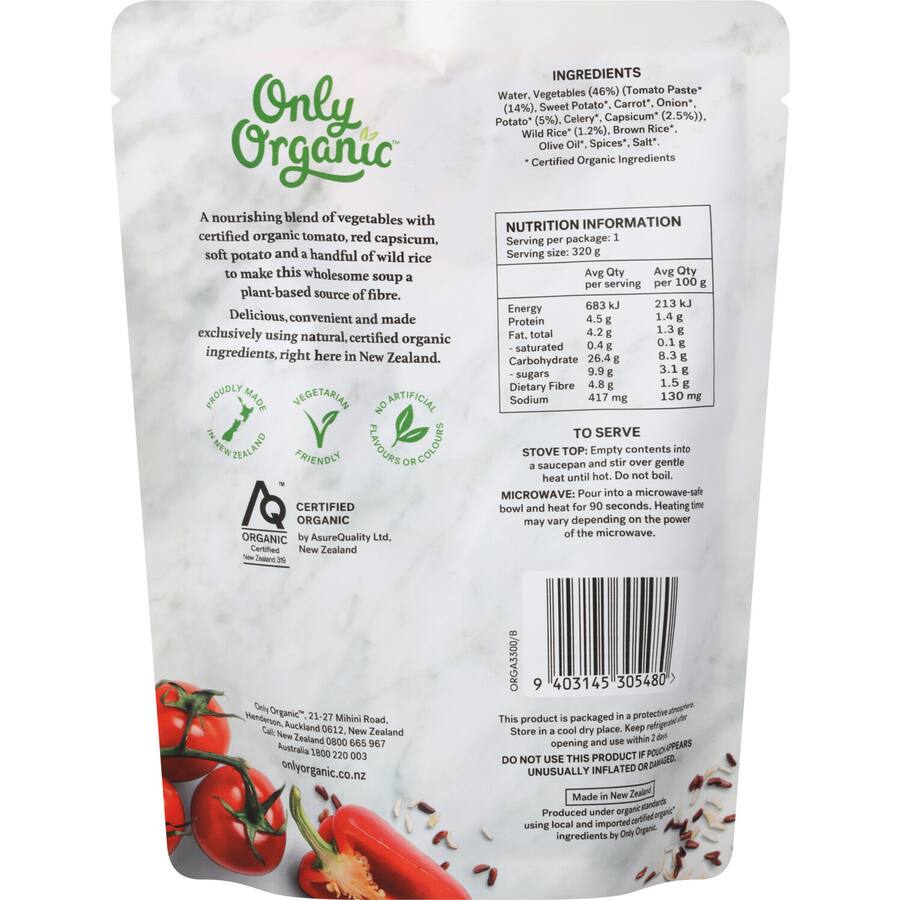 Only Organic Nourish Soup Tomato, Capsicum Potato & Rice Pouch 320g
