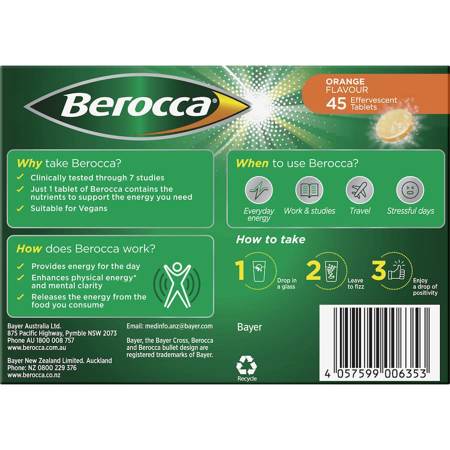 Berocca Performance Effervescent Energy Vitamin C Orange Pack 45 tabLets