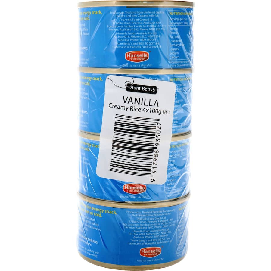 Aunt Bettys Rice 2 Go Creamed Rice Vanilla Creamy Rice 400g 100g cans 4pack