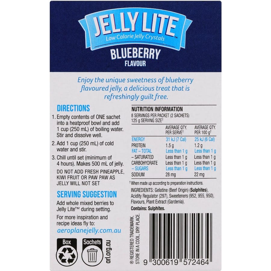 Aeroplane Jelly Lite Crystals Blueberry Low Sugar Sachet 2 x 9g
