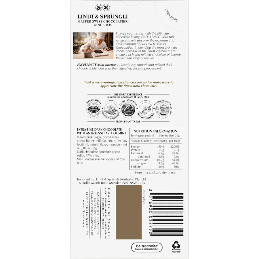 Lindt Excellence Chocolate Intense Mint 100g