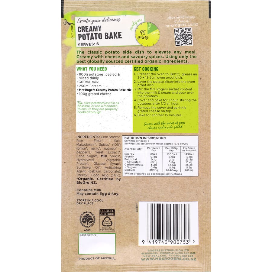 Mrs Rogers Organic Recipe Base Creamy Potato Bake 30g