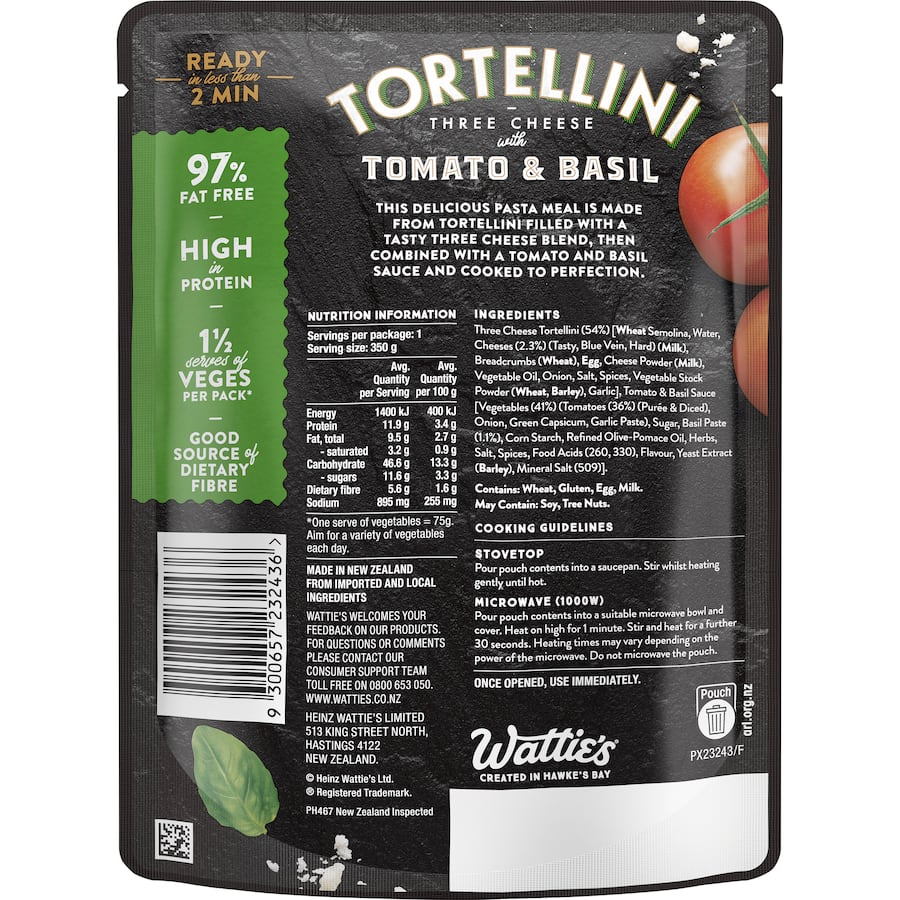 Wattie's Pasta Meal Tortellini In Tomato & Basil Pouch 350g
