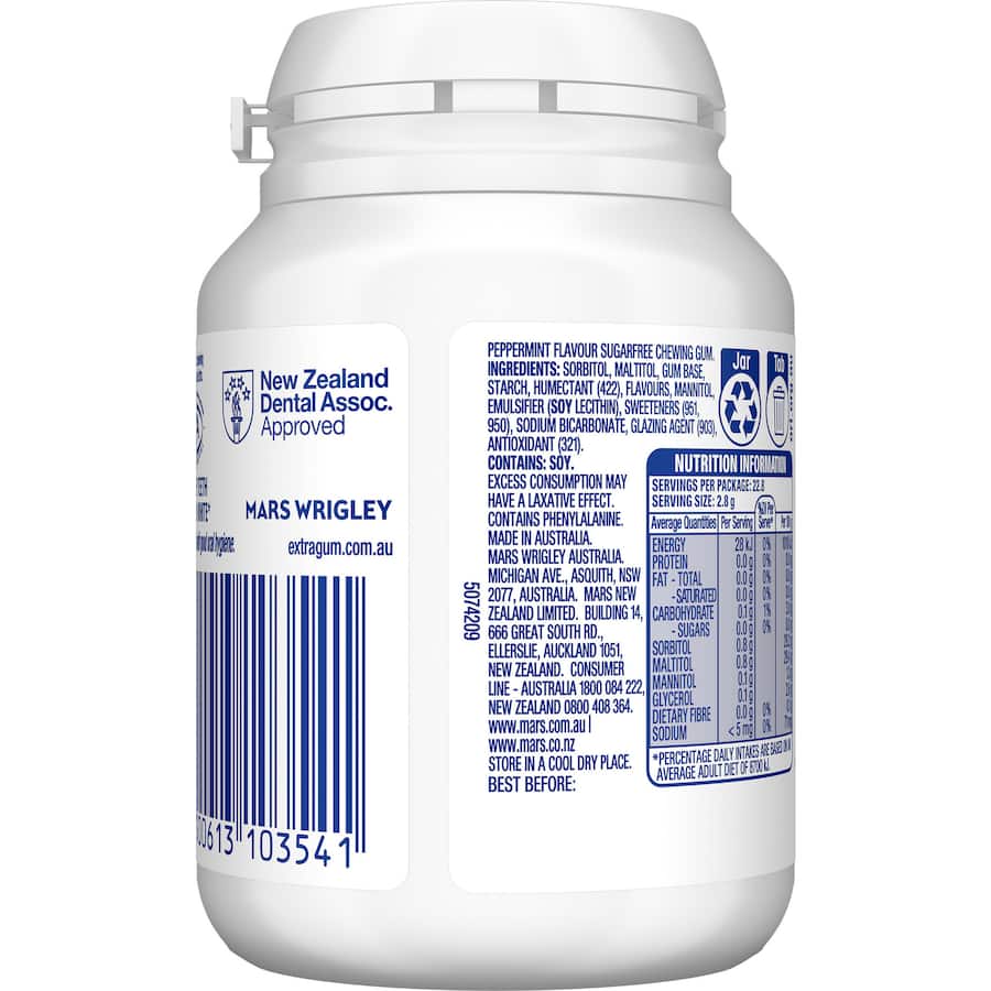 Wrigleys Extra White Chewing Gum Peppermint 46 Pieces Bottle 64g