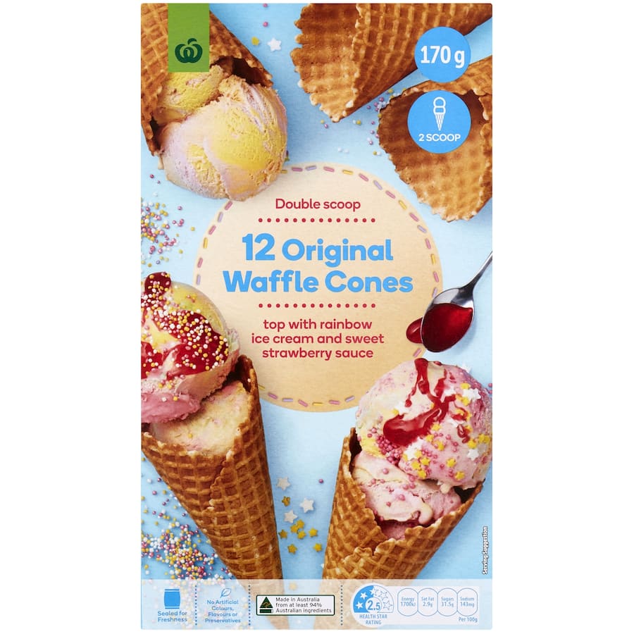 Woolworths Ice Cream Cones Waffle Plain 170g Boxed 12pack