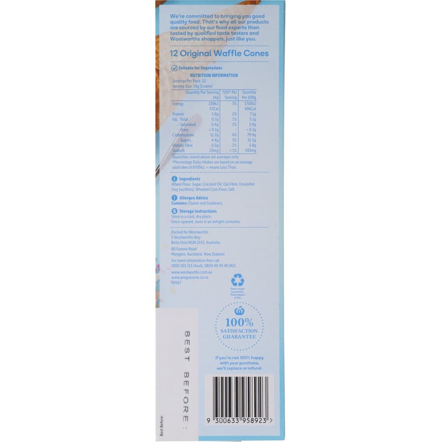 Woolworths Ice Cream Cones Waffle Plain 170g Boxed 12pack