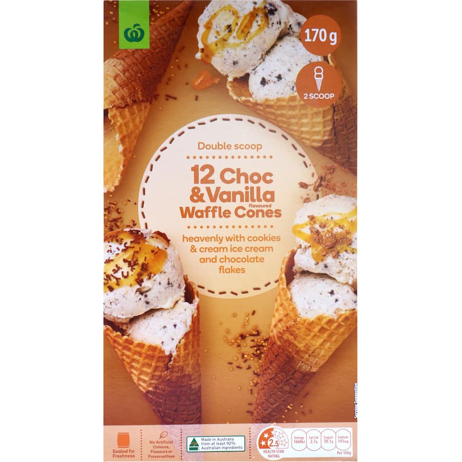 Woolworths Ice Cream Cones Vanilla Choc Duo Waffle 170g Boxed 12pack