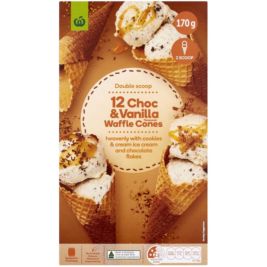 Woolworths Ice Cream Cones Vanilla Choc Duo Waffle 170g Boxed 12pack