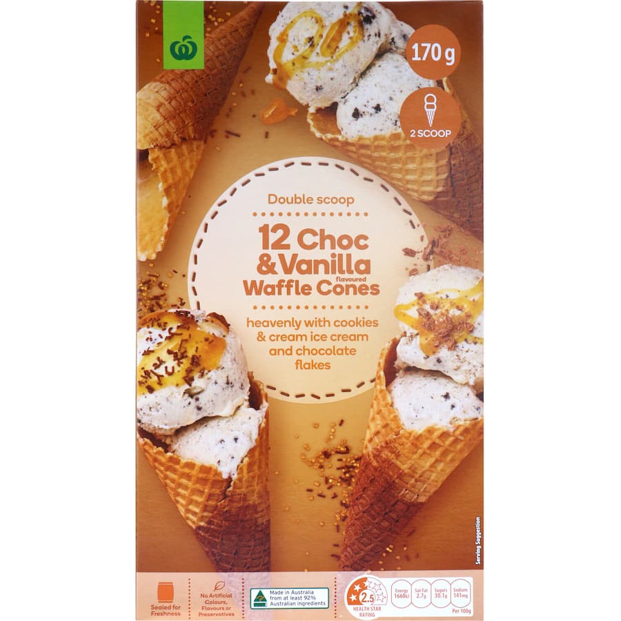 Woolworths Ice Cream Cones Vanilla Choc Duo Waffle 170g Boxed 12pack