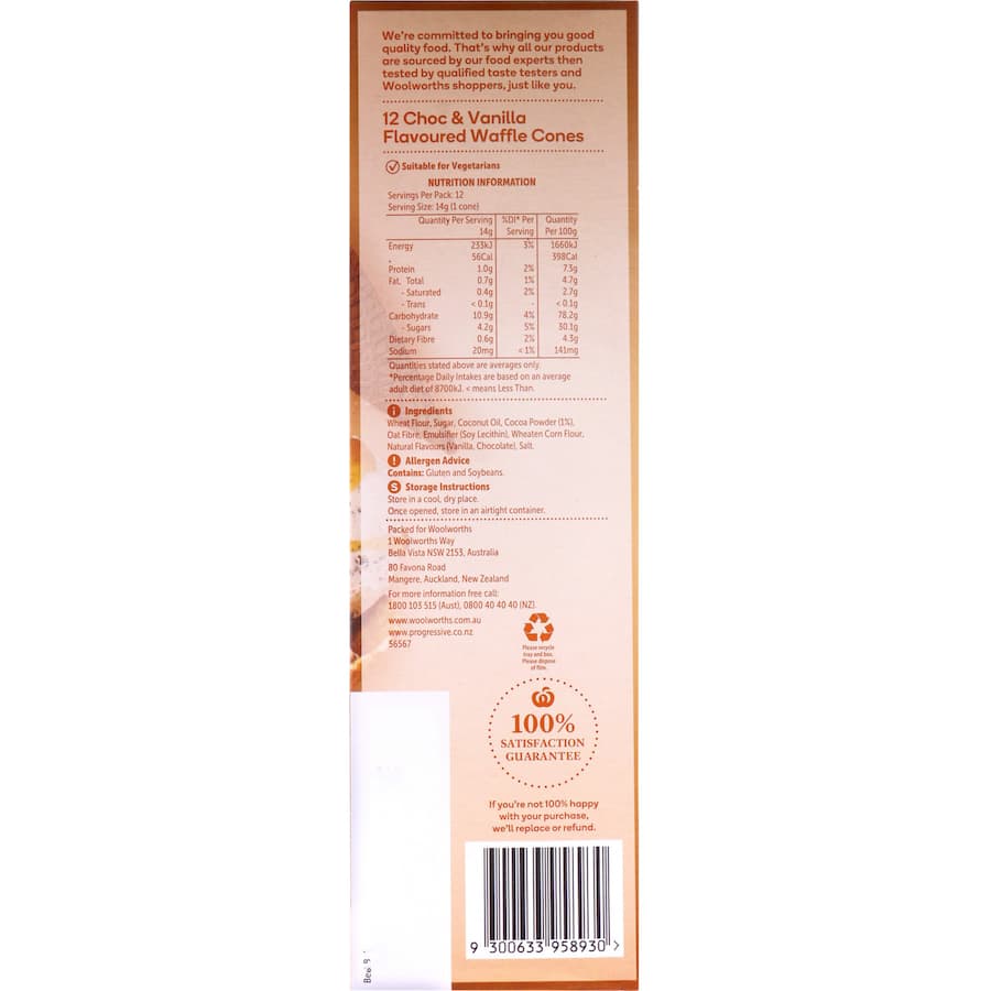 Woolworths Ice Cream Cones Vanilla Choc Duo Waffle 170g Boxed 12pack