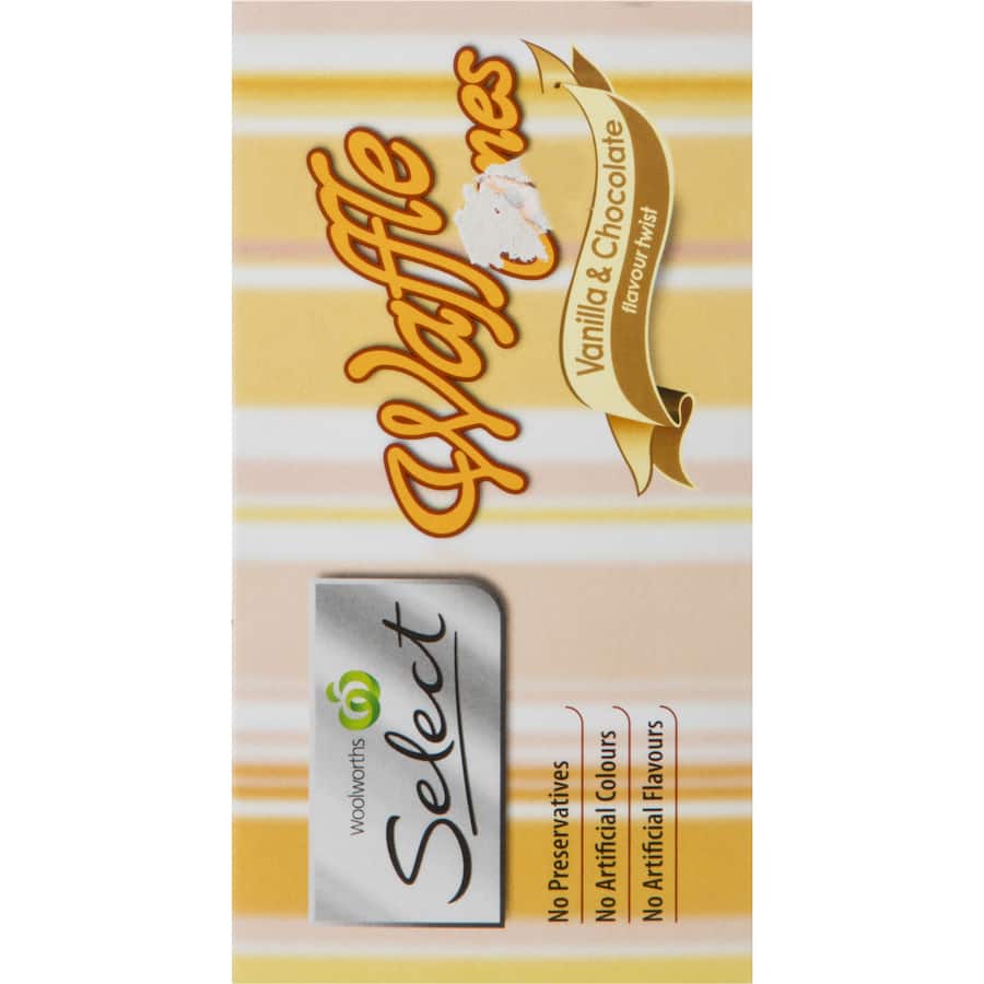 Woolworths Ice Cream Cones Vanilla Choc Duo Waffle 170g Boxed 12pack