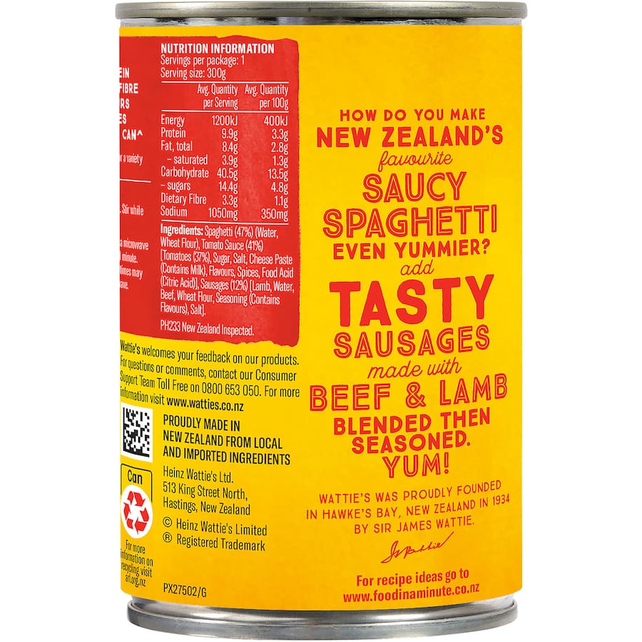 Watties Spaghetti With Sausages  Can 300g