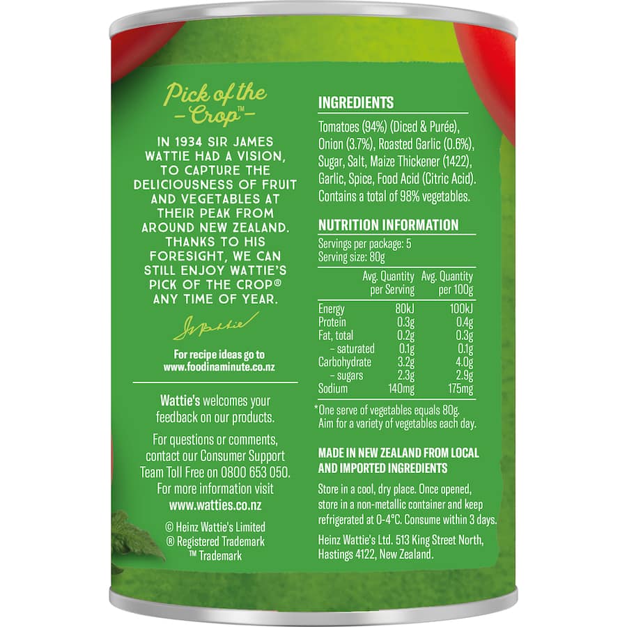 Watties Flavoured Tomatoes Roast Garlic & Onion Can 400g