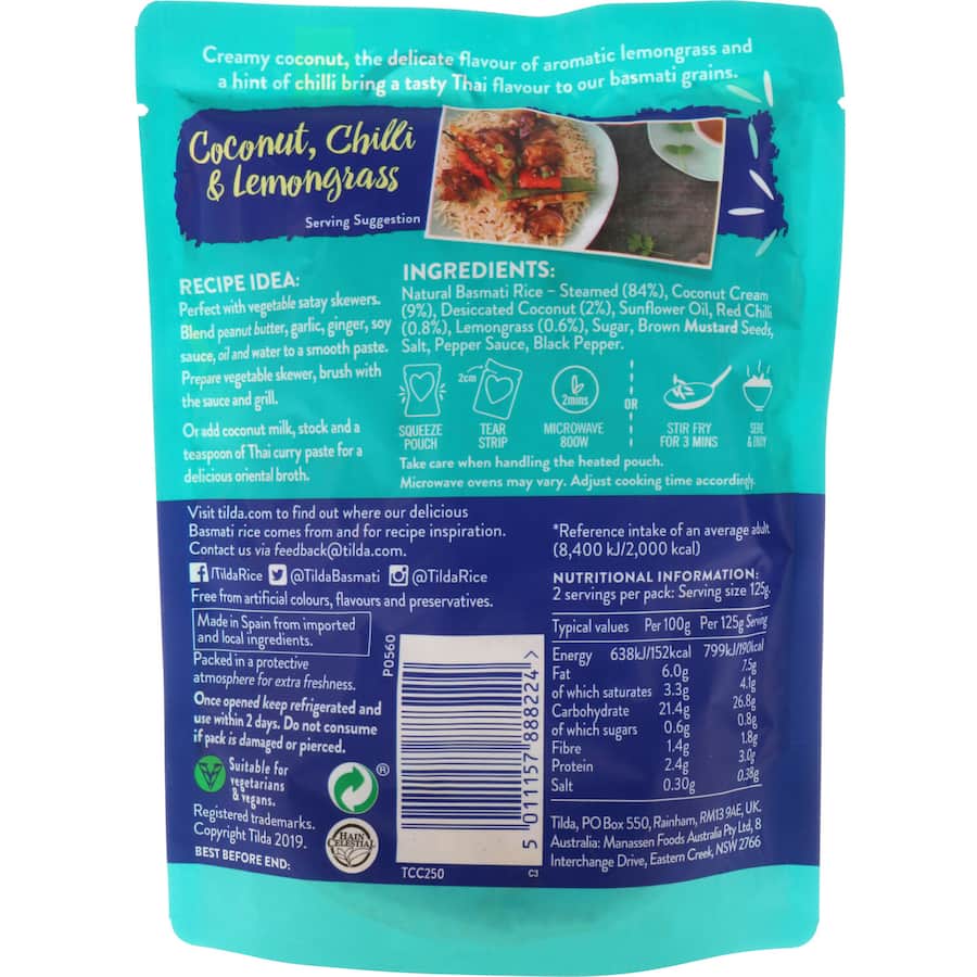 Tilda Steamed Rice Coconut Lemongrass Basmati Pouch 250g