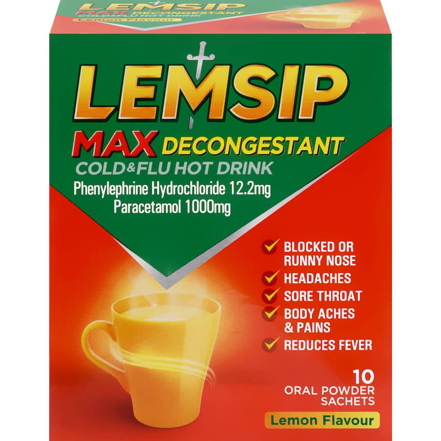 Lemsip Max Cold & Flu With Decongestant Lemon Hot Drink Sachets 10pack