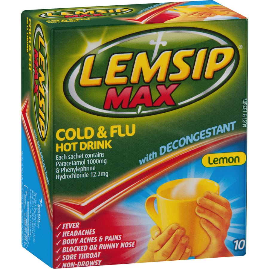 Lemsip Max Cold & Flu With Decongestant Lemon Hot Drink Sachets 10pack