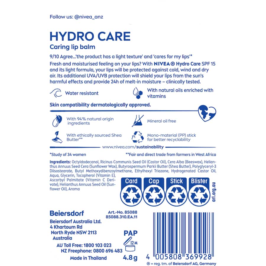 Nivea Lip Care Lip Balm Hydro Care 4.8g Stick 1pack
