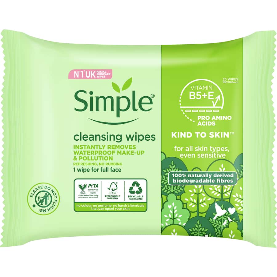 Simple Kind To Skin Cleansing Wipes Biodegradable 25pack