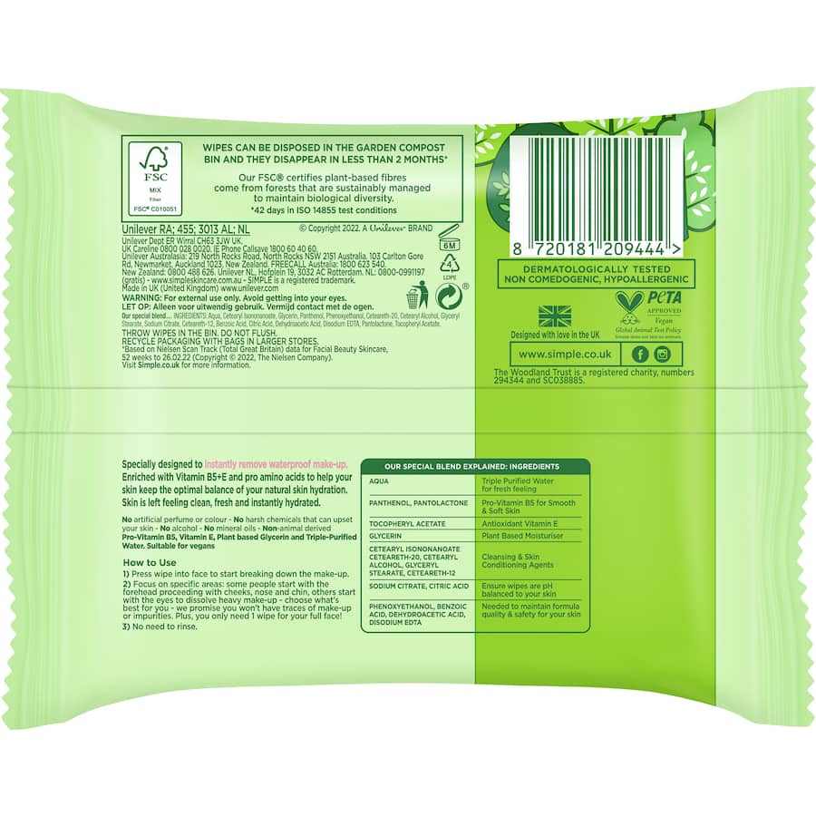 Simple Kind To Skin Cleansing Wipes Biodegradable 25pack