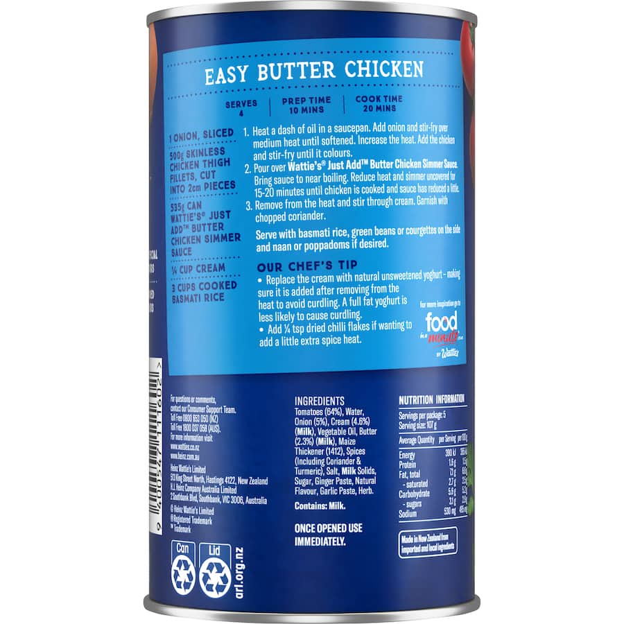 Watties Just Add Simmer Sauce Butter Chicken Can 525g