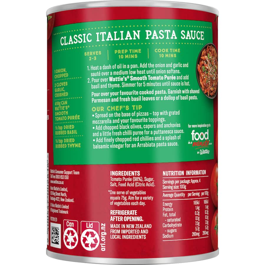 Wattie's Tomato Puree For Sauces, Casseroles, Soups 410g