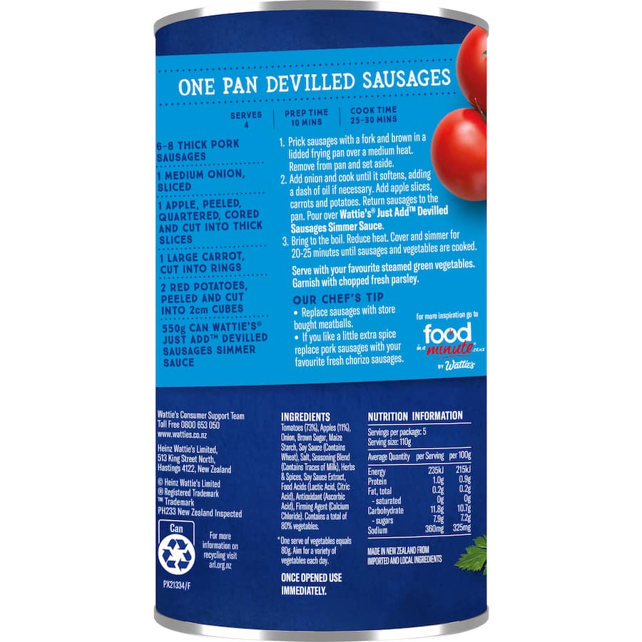 Watties Just Add Simmer Sauce Devilled Sausages Can 550g