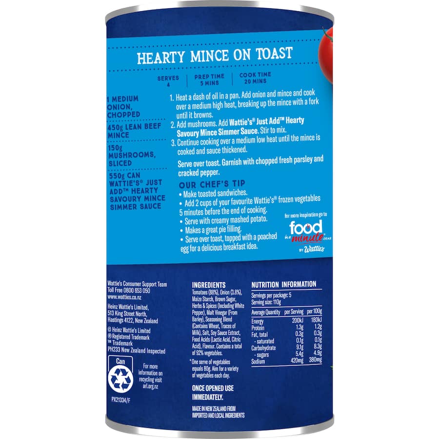 Watties Just Add Simmer Sauce Hearty Savoury Mince Can 550g