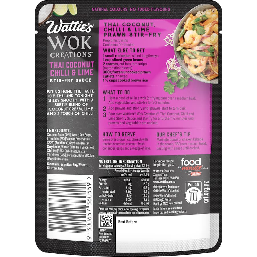 Watties Wok Creations Stir-fry Sauce Thai Coconut Chilli & Lime Pouch 125g
